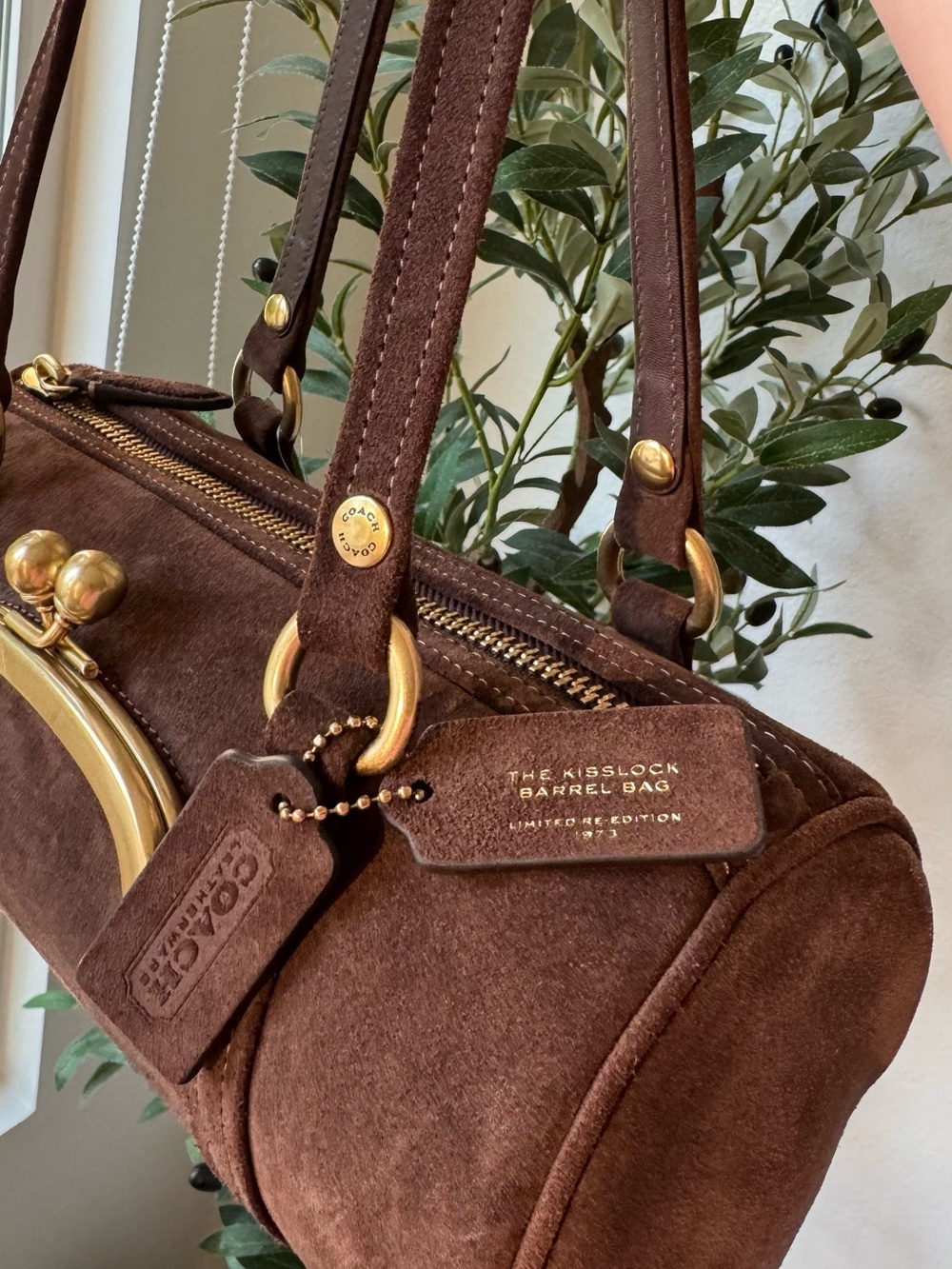 Coach Kisslock Barrel Bag 28 in Dark Chocolate Brown Suede with Brass Hardware - Picture 9 of 13